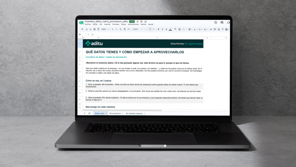 Inventario de datos y matriz de priorización de aditu abierto en un portátil, en la pestaña «Cómo usar»