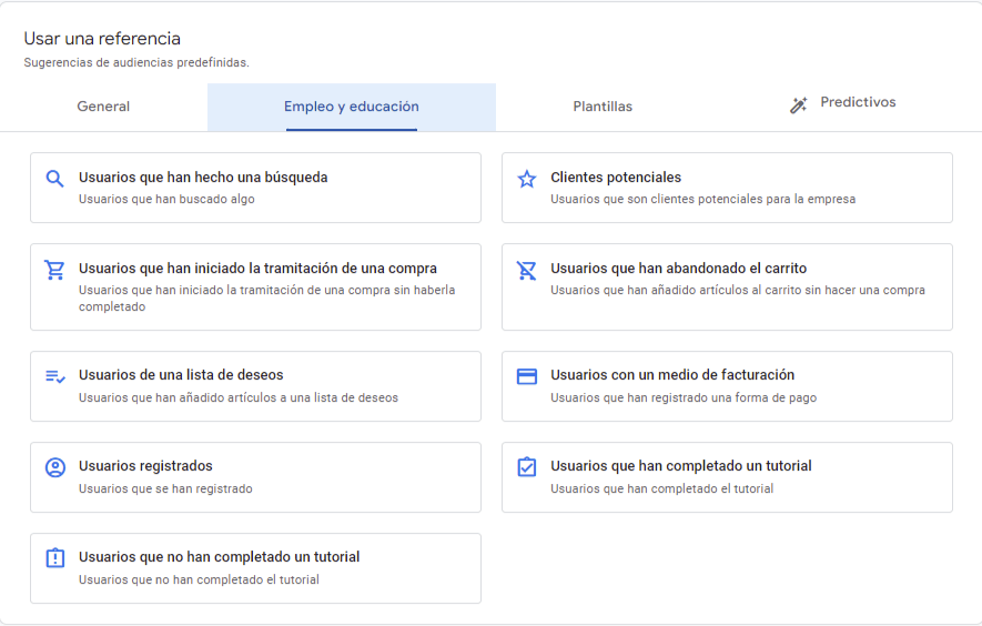 Pestaña empleo y educación en audiencias personalizadas de Google Analytics 4