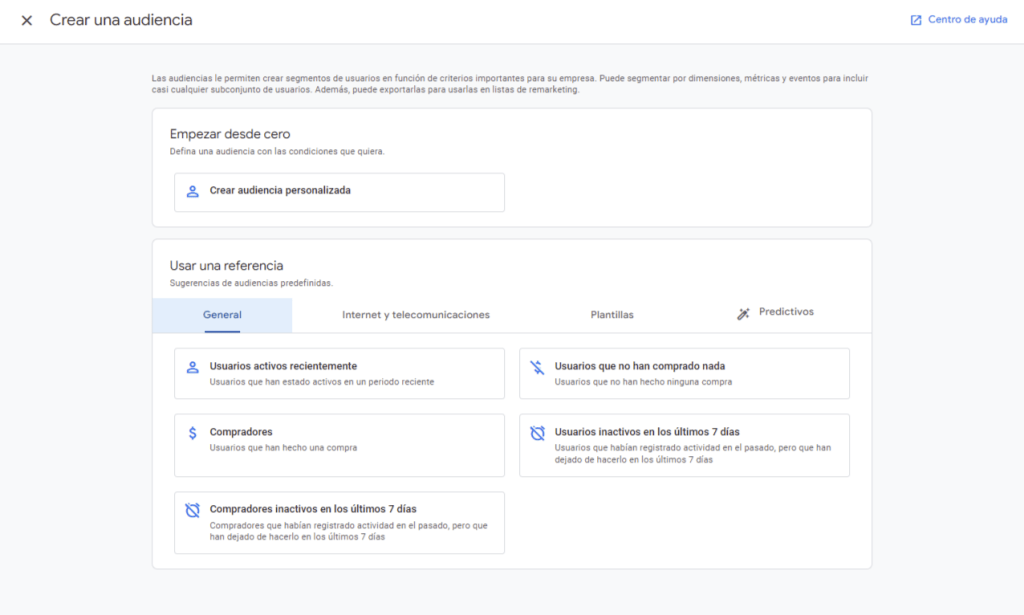 Crear una audiencia personalizada en Google Analytics 4