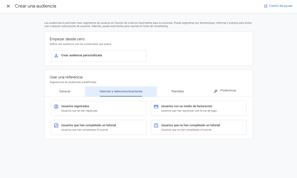 Pestaña Internet y telecomunicaciones en audiencias personalizadas de Google Analytics 4