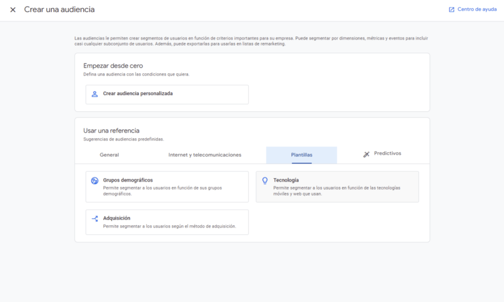 Plantillas en audiencias personalizadas de Google Analytics 4