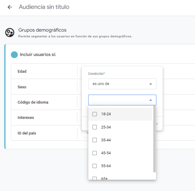 Plantilla de Demografía en audiencias personalizadas de Google Analytics 4