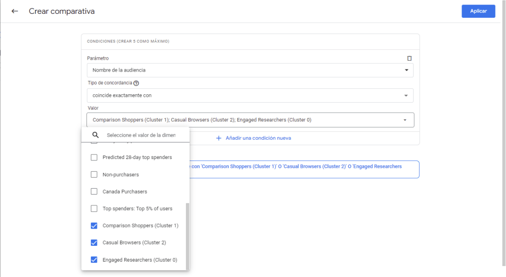 Crear una comparación a partir de una audiencia en Google Analytics 4