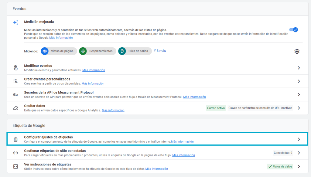 Panel de GA4 con la opción ‘Configurar ajustes de etiquetas’ resaltada.