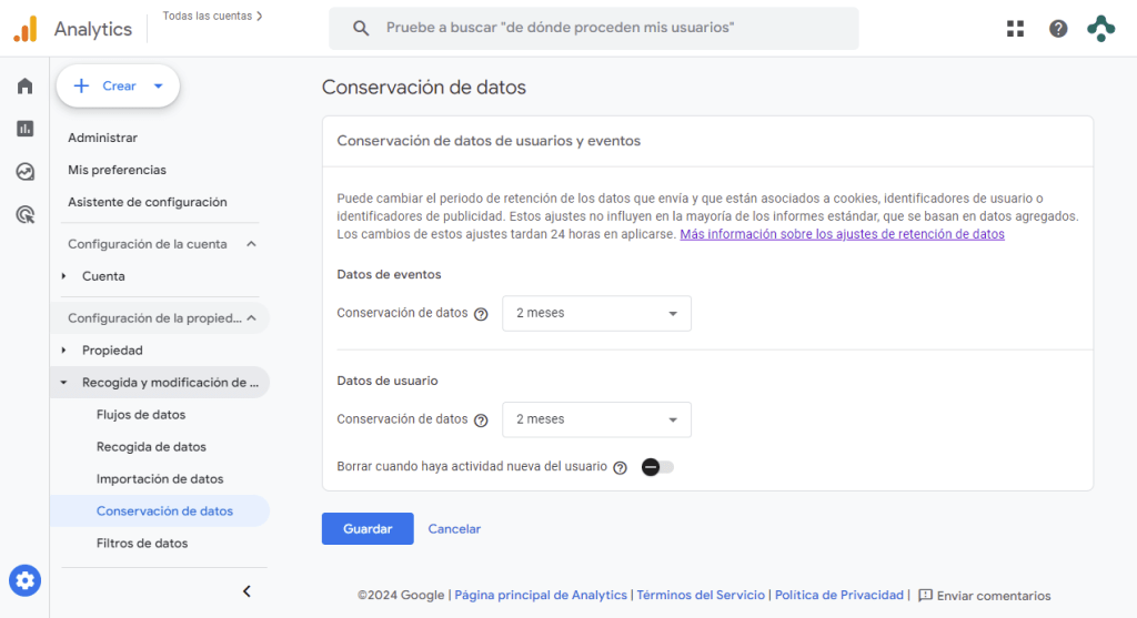 Conservación de datos en Google Analytics 4