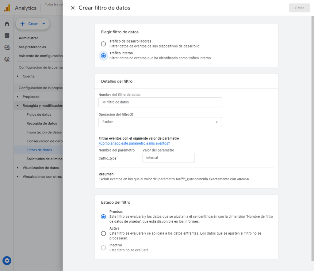 Crear un filtro de datos en Google Analytics 4
