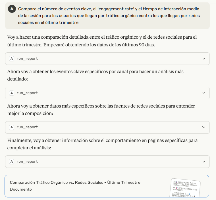 Compara el número de eventos clave, el 'engagement rate' y el tiempo de interacción medio de la sesión para los usuarios que llegan por tráfico orgánico contra los que llegan por redes sociales en el último trimestre.