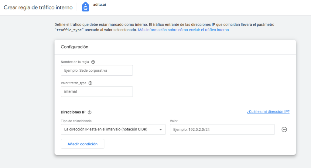 Formulario de GA4 para crear una regla de tráfico interno mediante IP.