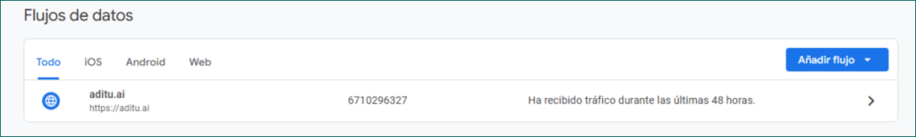 Listado de flujos de datos en GA4 con el flujo web seleccionado.